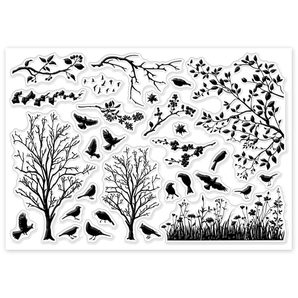 GLOBLELAND Timbri Trasparenti con Silhouette Rami Uccelli Alberi Gomma Silicone per Scrapbooking 6.3x4.33 Pollice