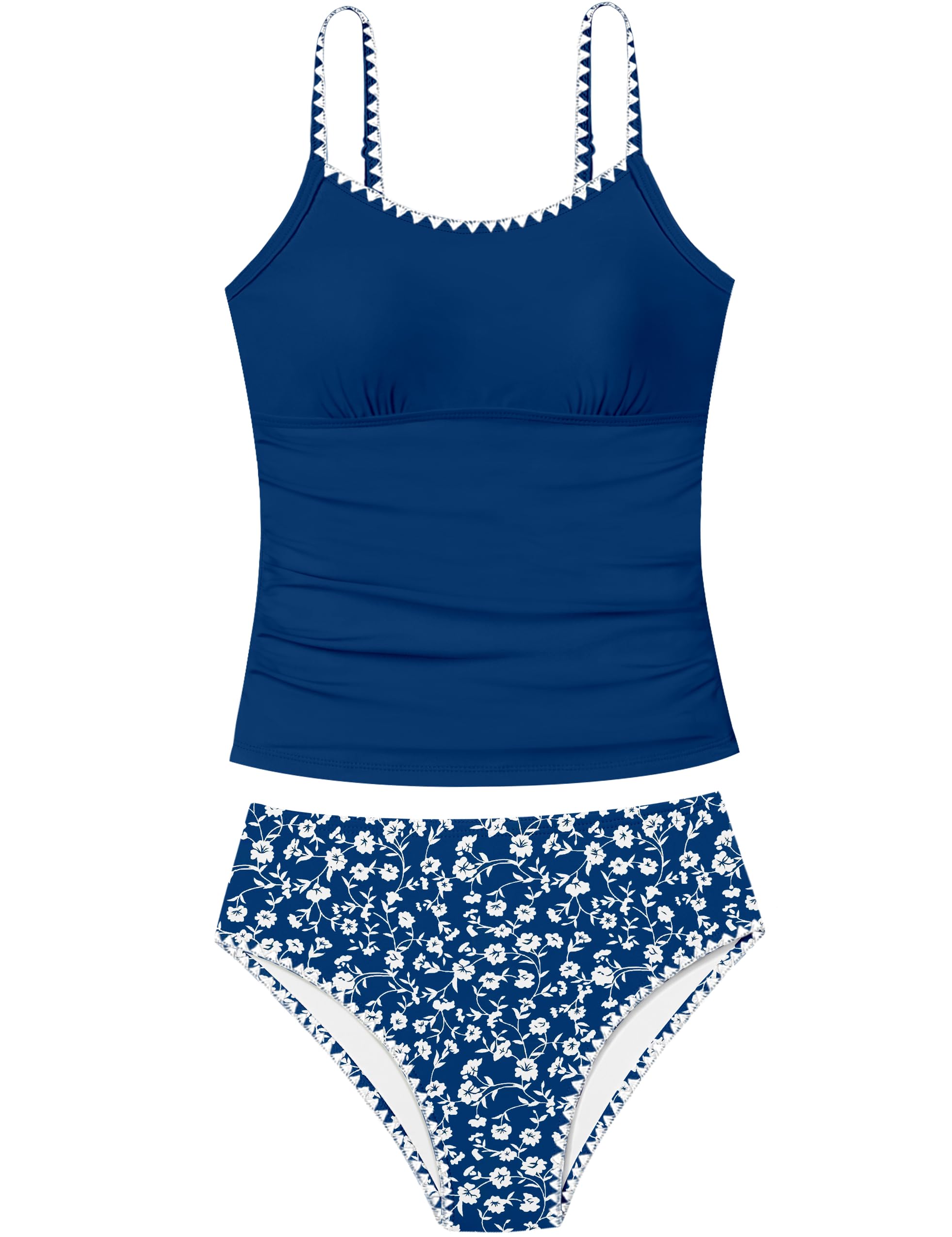 Girls Swimsuit Solid Color Tankini Contrast Trim Swimwear 2 Piece Bathing Suit Padded Swimsuits for Teens 9-16Y