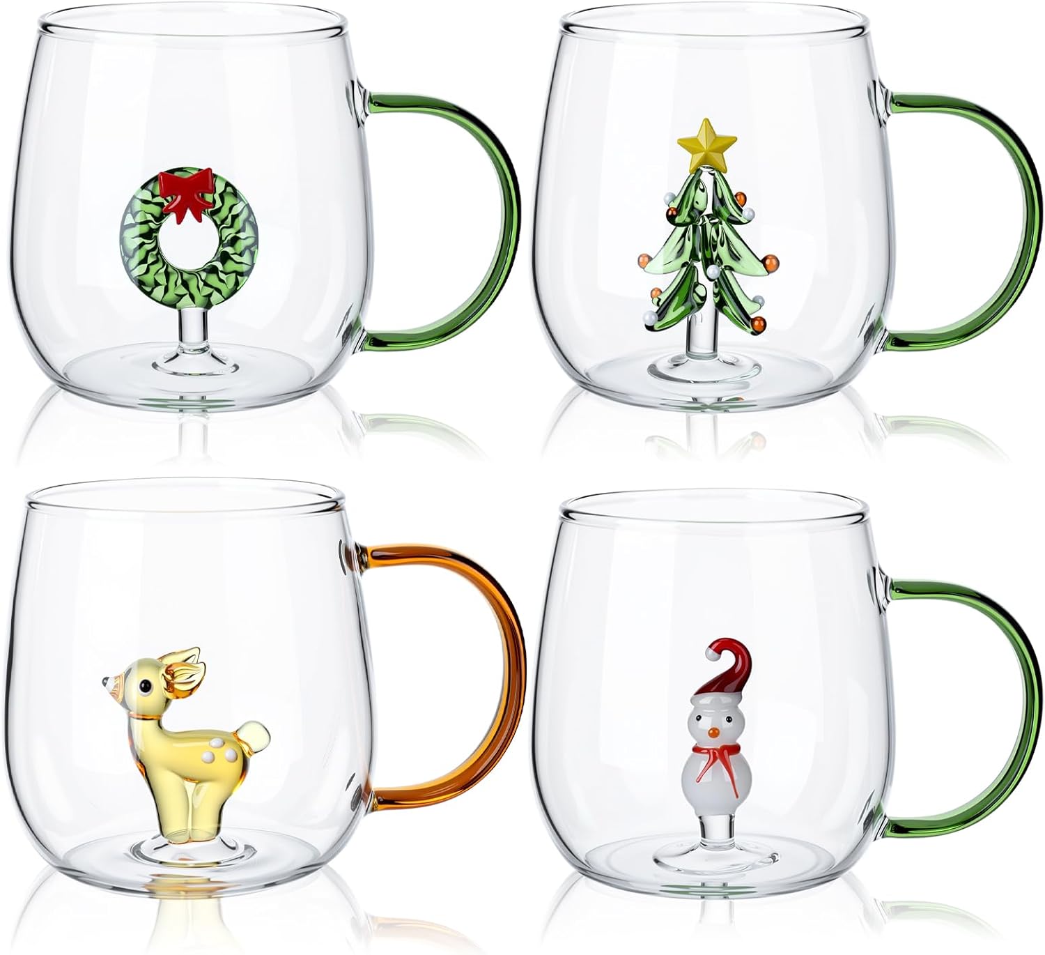 Yaomiao 4 Pcs 13.5 oz Christmas Wine Glasses with Tree Snowman Deer Figurine Inside, 3D Christmas Drinking Glass Cup Drinkware with Handle for Housewarming Party Supplies Gifts Xmas Table Decor