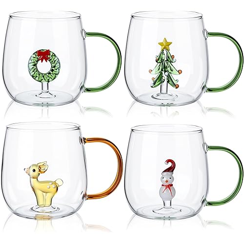 Yaomiao 4 Pcs 13.5 oz Christmas Wine Glasses with Tree Snowman Deer Figurine Inside, 3D Christmas Drinking Glass Cup Drinkware with Handle for Housewarming Party Supplies Gifts Xmas Table Decor