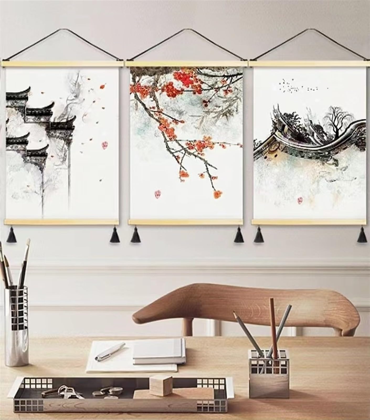 Amazon.co.jp: 3 PCS組立掛絵、中国式実木壁面装飾画縦版手作り布芸画 