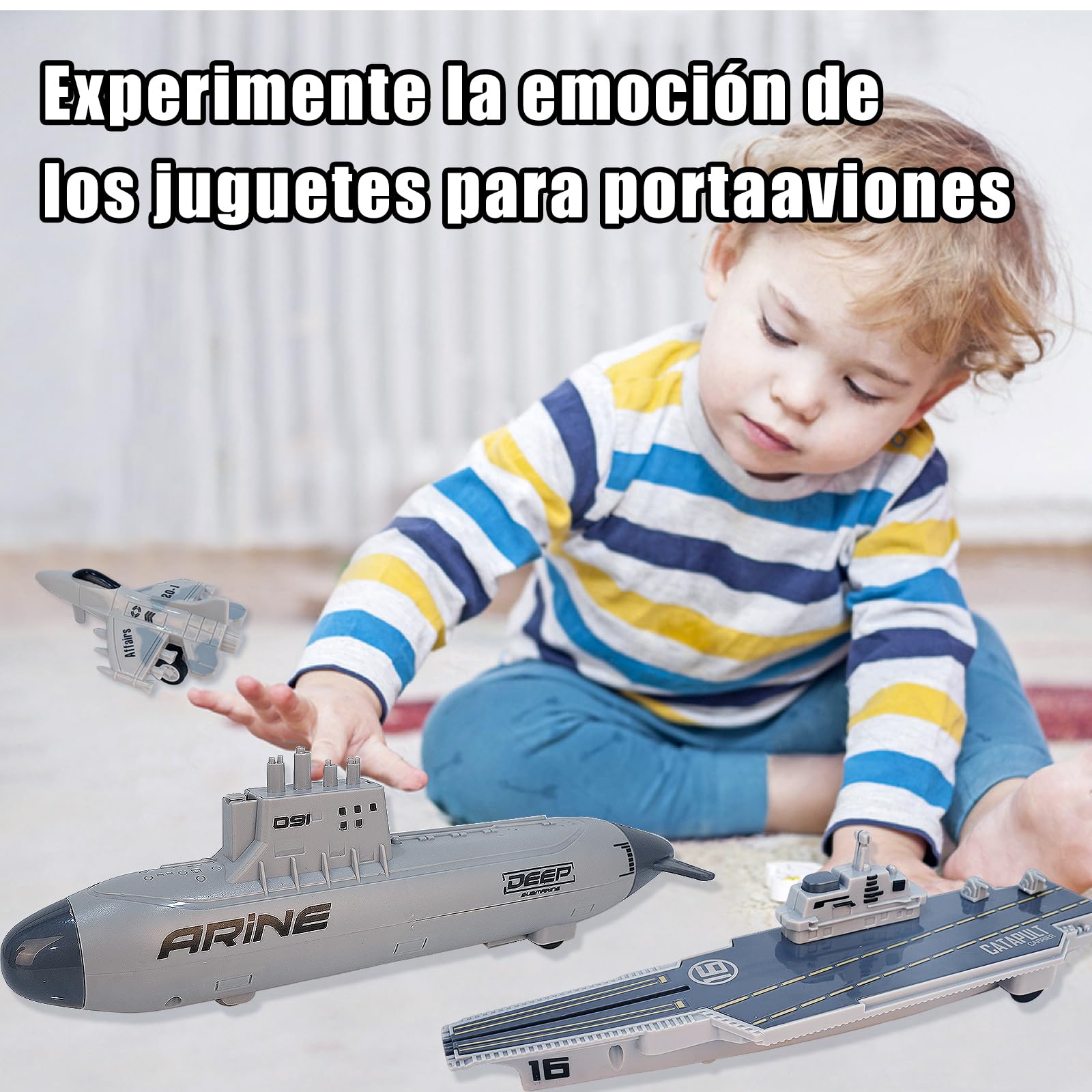 VBACALA Portaaviones de Juguete Niños, Aviones Militares y Submarino con Función de Retroceso, Juego de Batalla Naval con Accesorios, Juguetes Educativos para Niños +3 Años