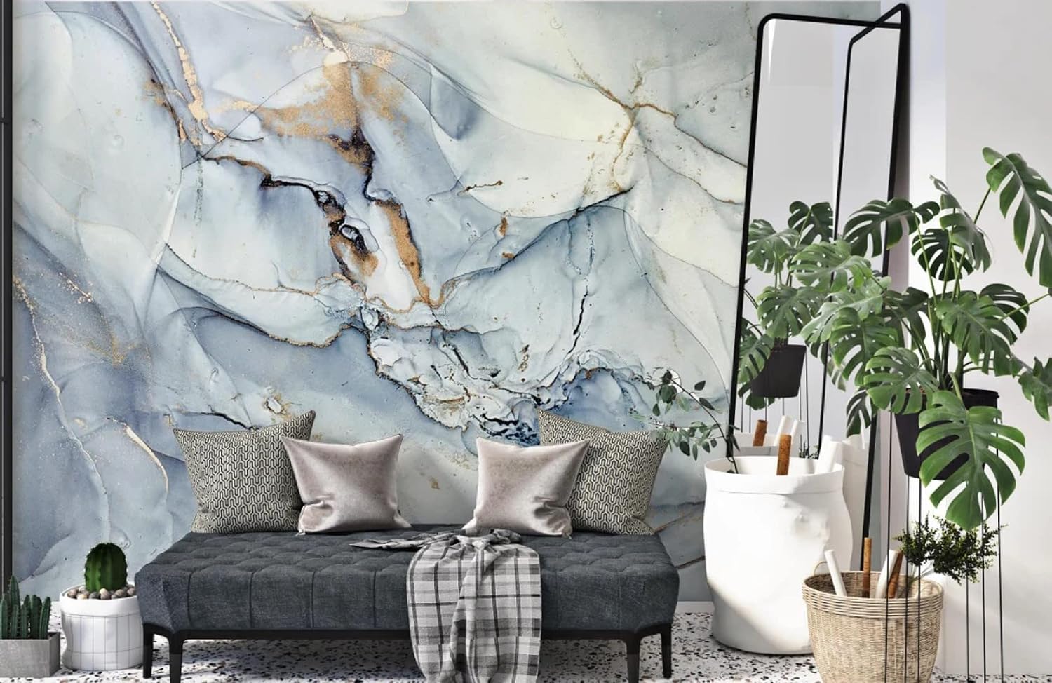 Abstract Water Blue Gray Color Gold Look Veins Peel and Stick Wallpaper 100''H x 150''W