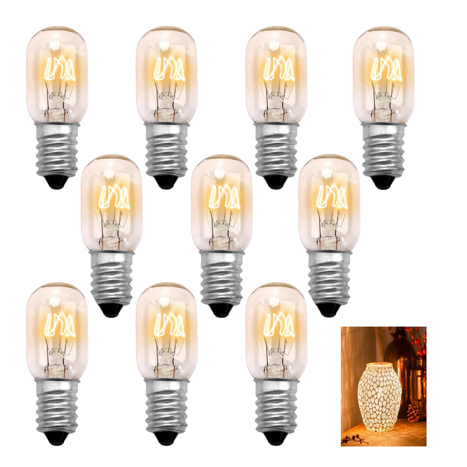 15W Salt Lamp Bulb, 10 PCs Warm White E14 Bulb Incandescent Bulbs Small for Edison Screw, Plug in Wax Melt Burners T20 Tubular Incandescent Bulb for Pygmy Freezer Himalayan Home Atmosphere Lighting