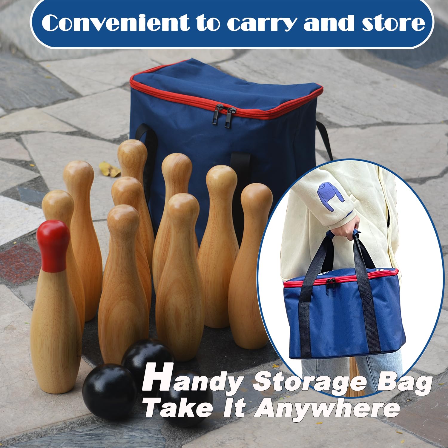 Jac & Mok Bowling Set aus Holz, Kegelspiele, Werfen Spiel Outdoor