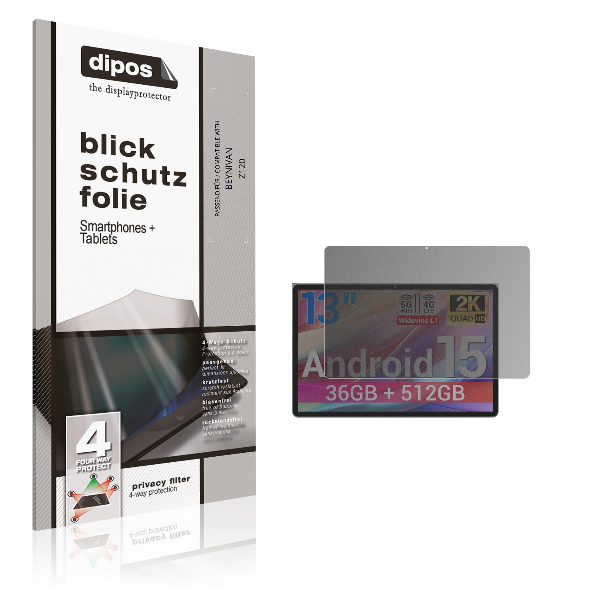 dipos Protector de Pantalla Antiespía para BEYNIVAN Z120 | Película protectora mate, filtro de privacidad 4 vías, ajuste perfecto, antiarañazos, sin burbujas, autoadhesivo