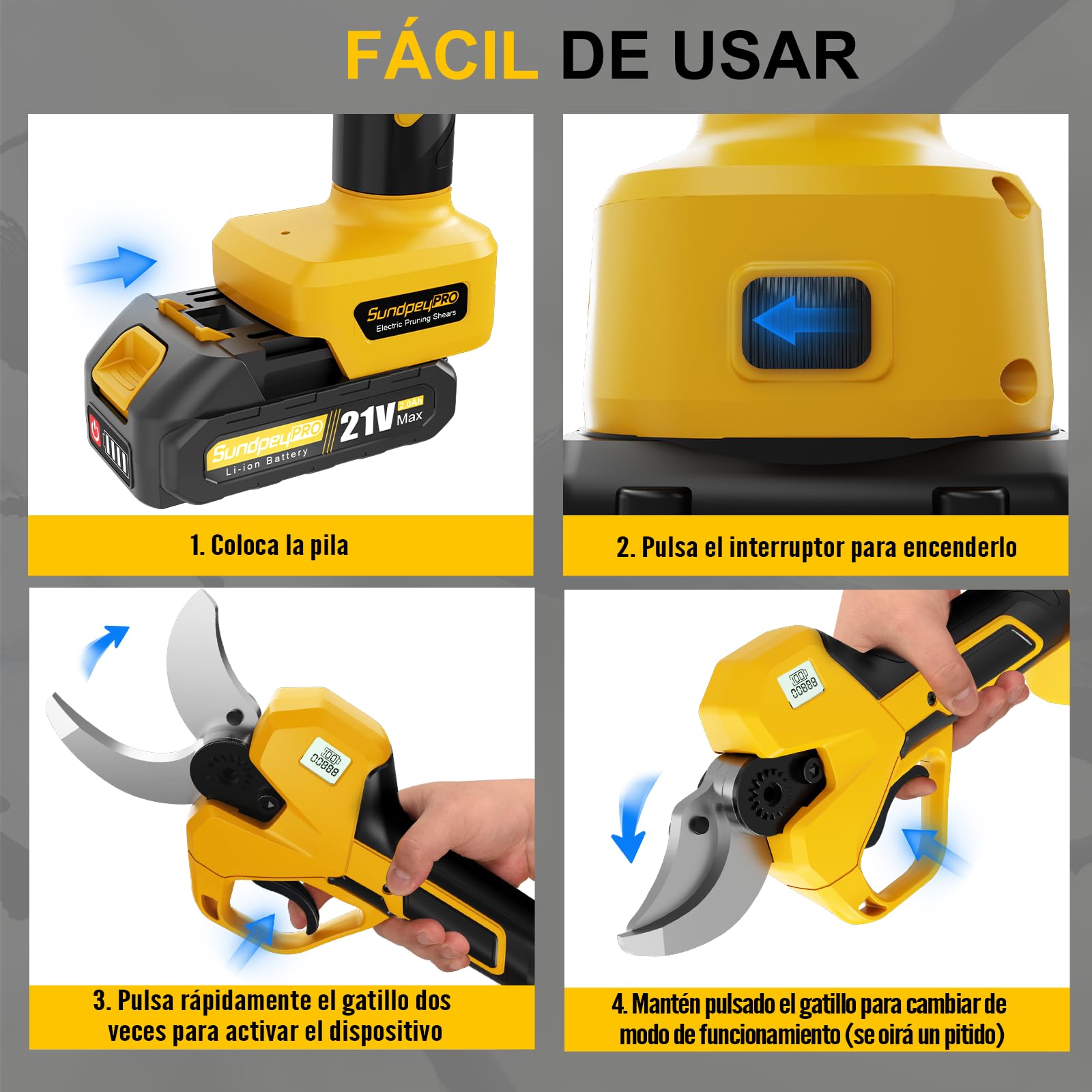 Tijeras de Podar Inalámbricas, Max 50mm Tijeras de Jardín Eléctricas con Motor Sin Escobillas, 2 Baterías, Display LCD, Tijera Podar a batería para Huertos Ramas áRboles Arbustos Frutales
