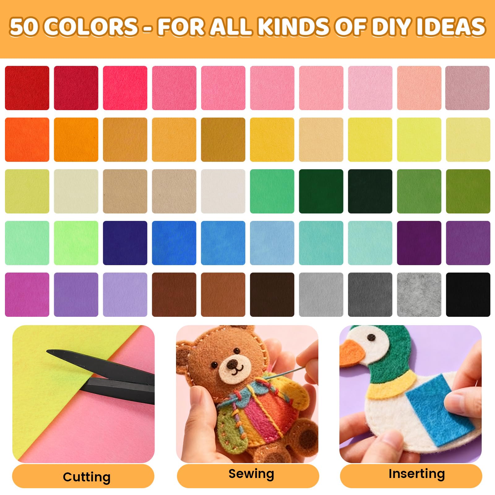RoyalChic 50 Colour Felt Fabric Sheets for Crafting & Sewing - Image 3