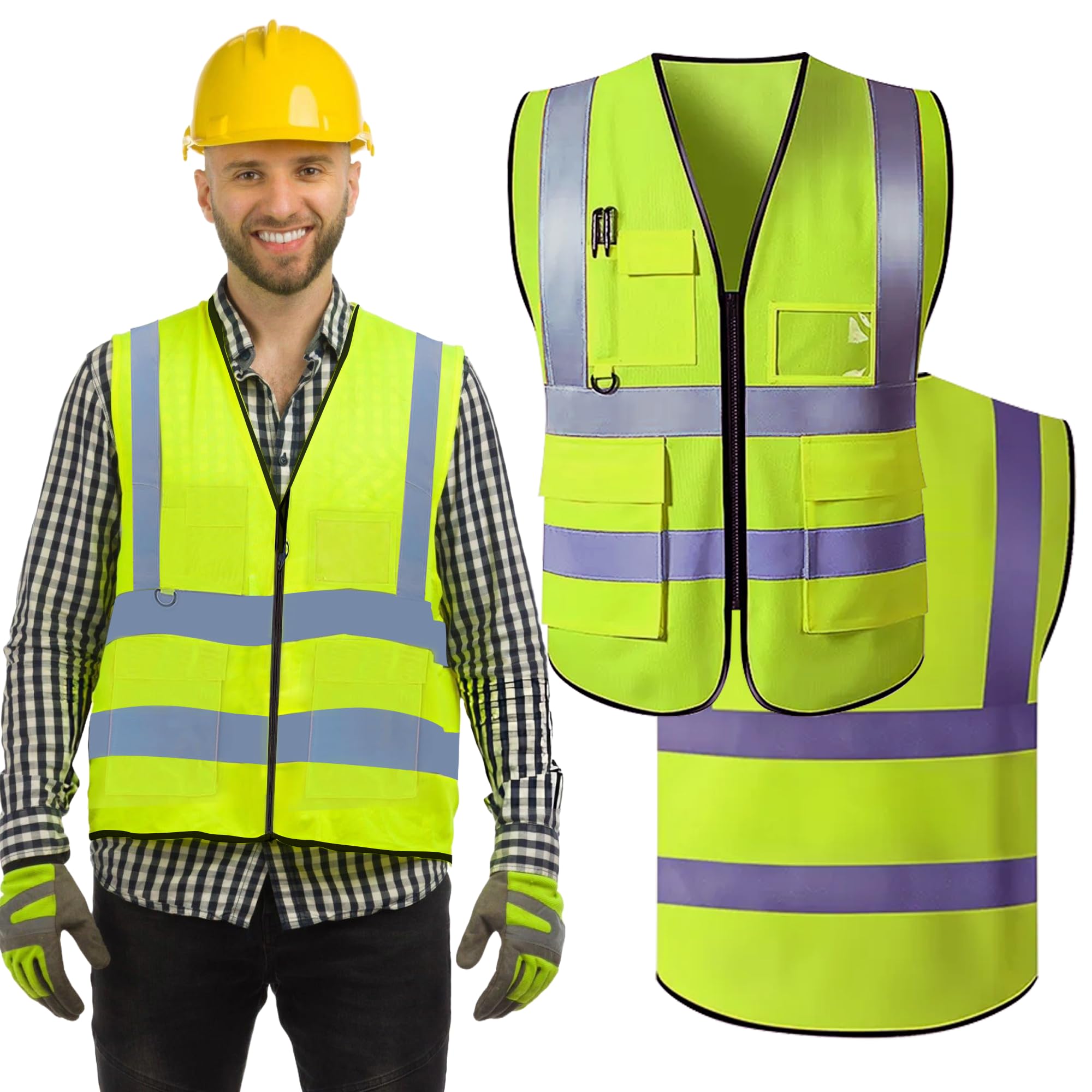 Wraplyft Hi Visibility Custom Safety Work Vest for Men and Women | Vest with Zipper Front and Multi Function Pockets - 360° Reflective Coverage with 2-Inch Reflective Tapes - (Yellow,3XL)