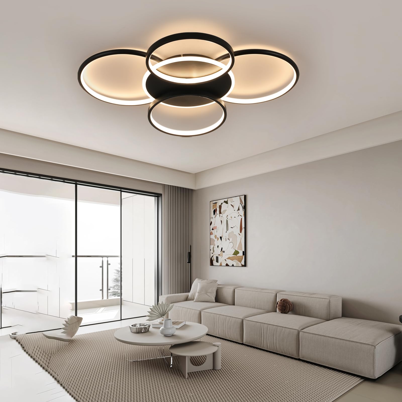 GBLY Deckenlampe LED Deckenleuchte Wohnzimmer: 67CM Wohnzimmerlampe Dimmbar | 70W mit Fernbedienung 5-Ringen Schwarz Schlafzimmerlampe Modern Acryl Deckenbeleuchtung für Büro Schlafzimmer Esszimmer