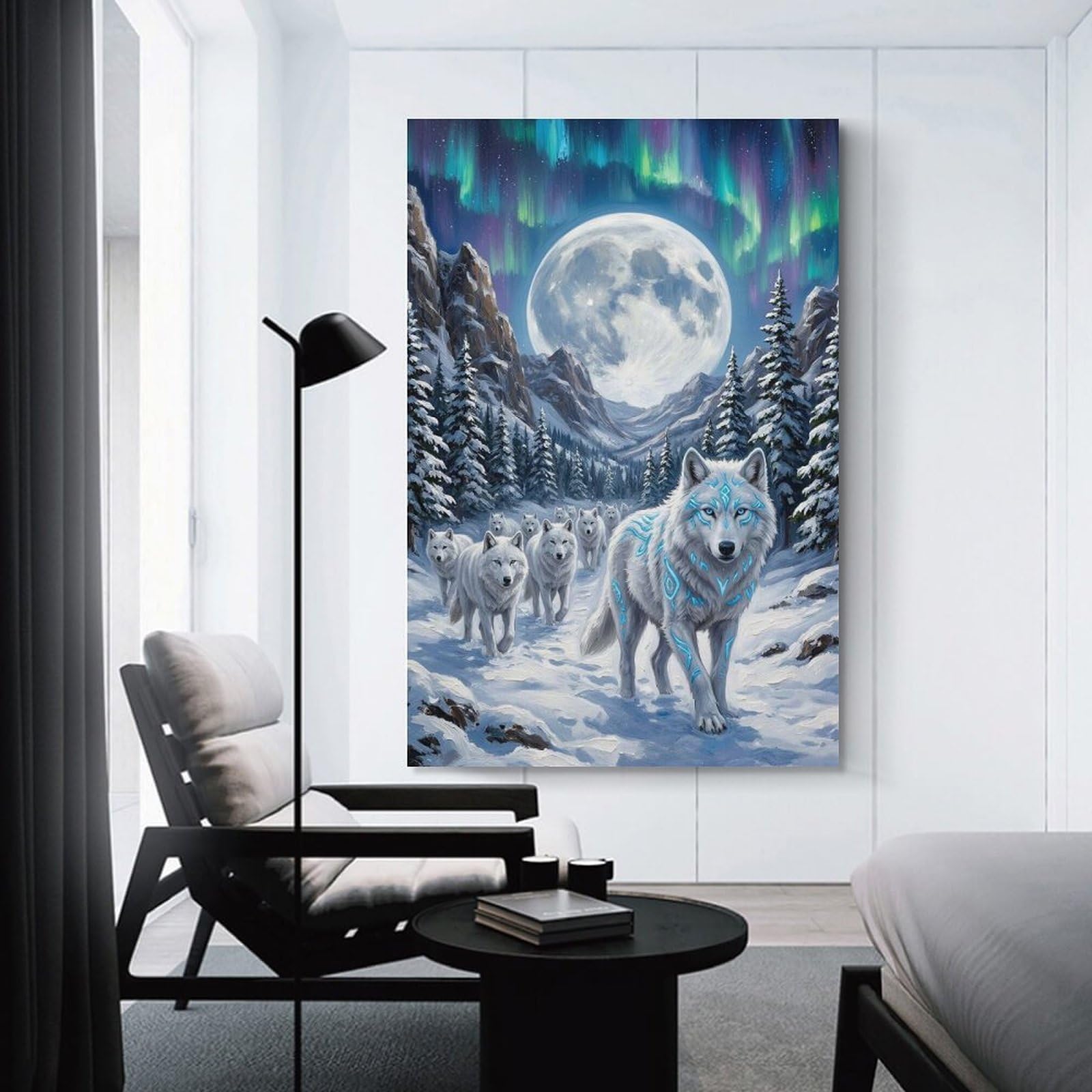 Junmoney White Wolves Under Aurora Borealis Hanging Wall Art 20x30inch(50x75cm), for Small Homes, Bedrooms Or Open Spaces, An Easy Choice for New Home Styling