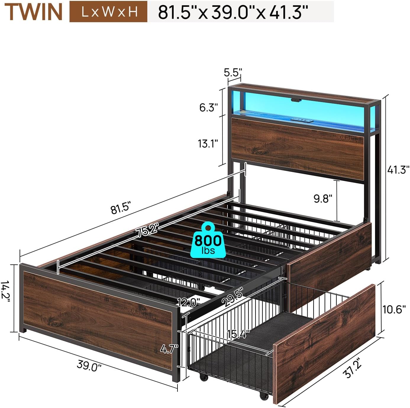 Dimensions of Rolanstar Twin Bed Frame