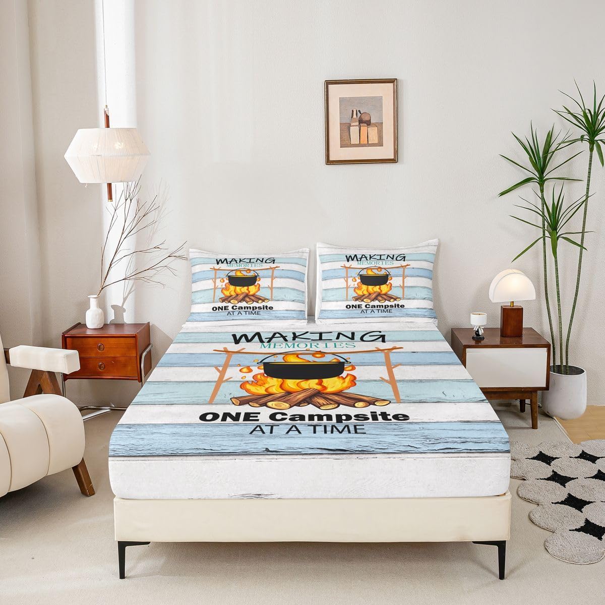 Feelyou Camper Bed Sheets Set Full Size Happy Camping Bed Set RV Camping Deep Pocket Fitted Sheet Camper Accessories for Travel Trailers Breathable Soft Lightweight Microfiber Cartoon Camping