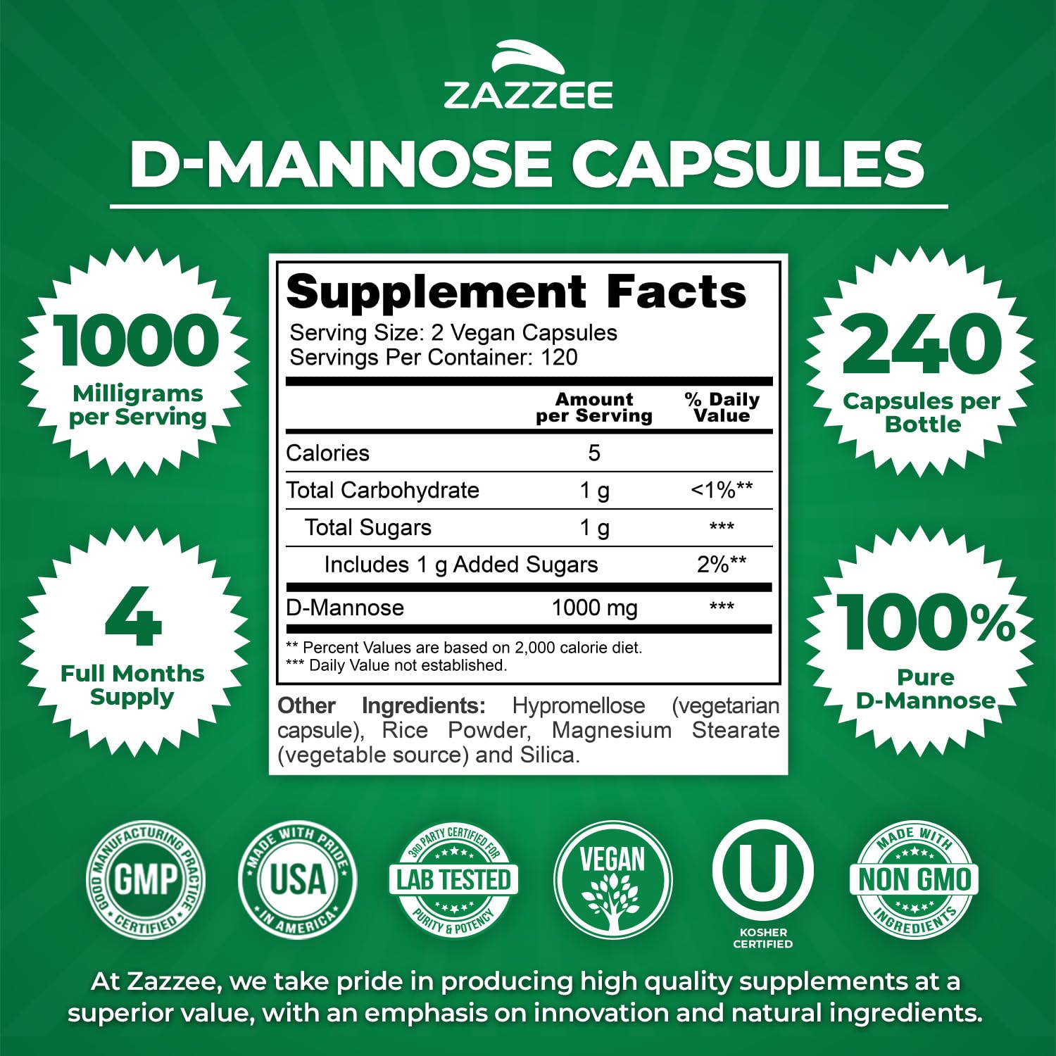 Zazzee D-Mannose, 1000 mg per Serving, 240 Vegan Capsules, 4 Month Supply — Amazon image 2