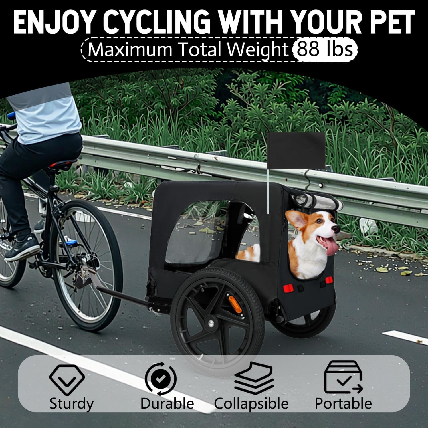 Outdoor Heavy Duty Pet Bike Trailer with 16-Inch All-Terrain Wheels & Universal Hitch Foldable Dog/Cargo Carrier Cart for Bicycles, Black Steel Enhanced Safety Secure Design -