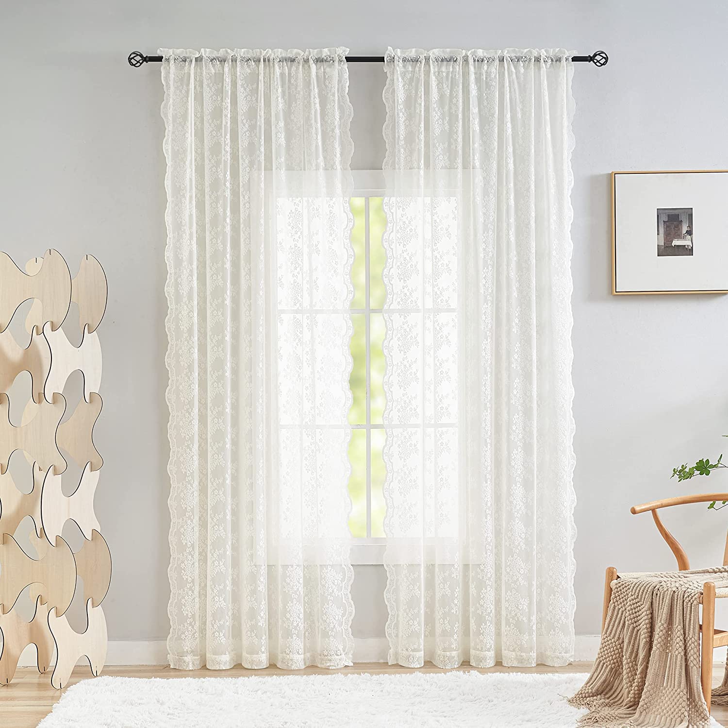 YJ YANJUN Lace Curtains 90 drop Net Curtain for Doors or patio Boho Sheer Curtains County Themed Décor 132cm Width x 229cm Drop (52"x 90") Light Beige-image-3
