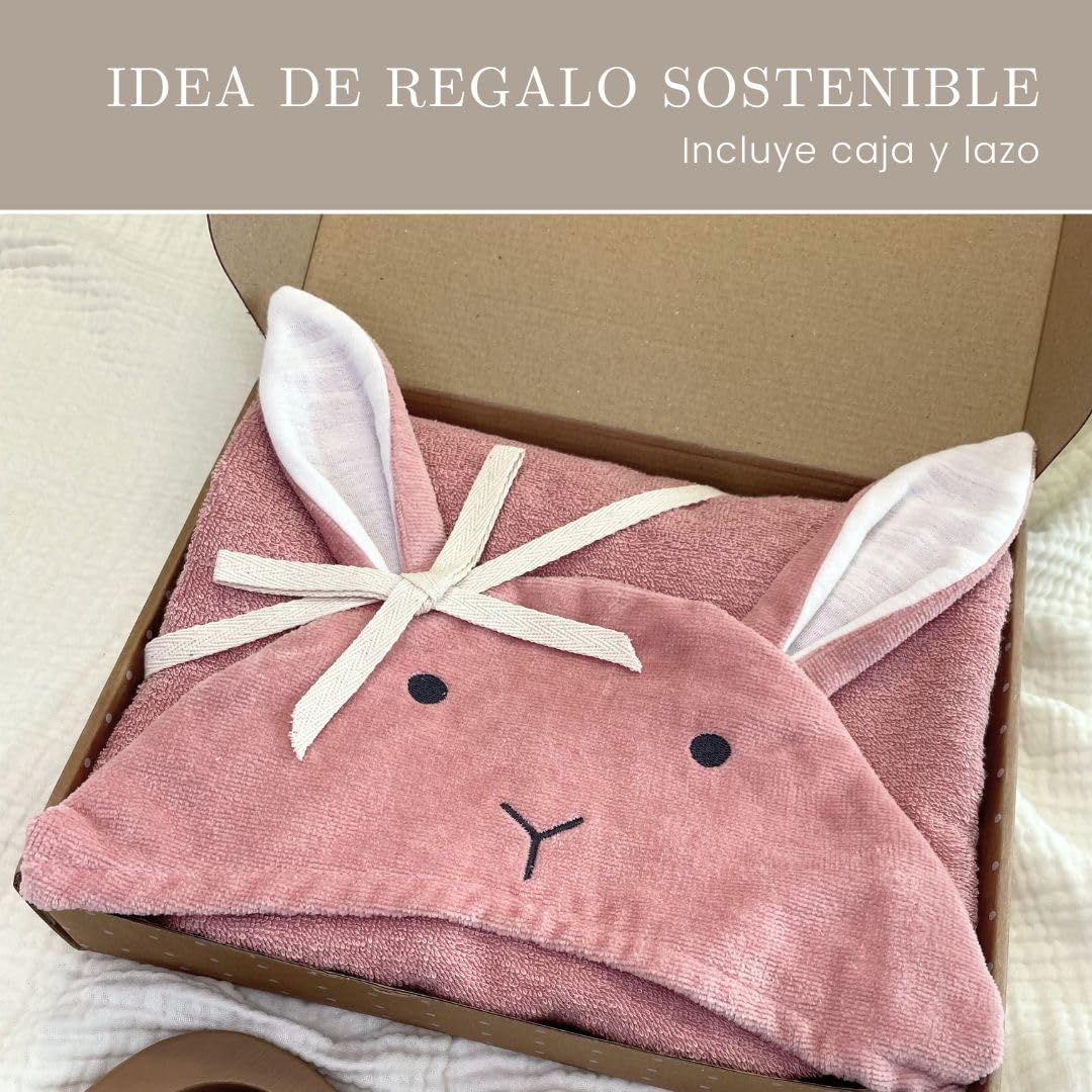 Poncho Bagno Bimbi DIKOS - 2 In 1 Asciugamano E Cappuccio Coniglio, 100% Cotone Bio, Rosa Antico, Fino A 140cm - Foto 4