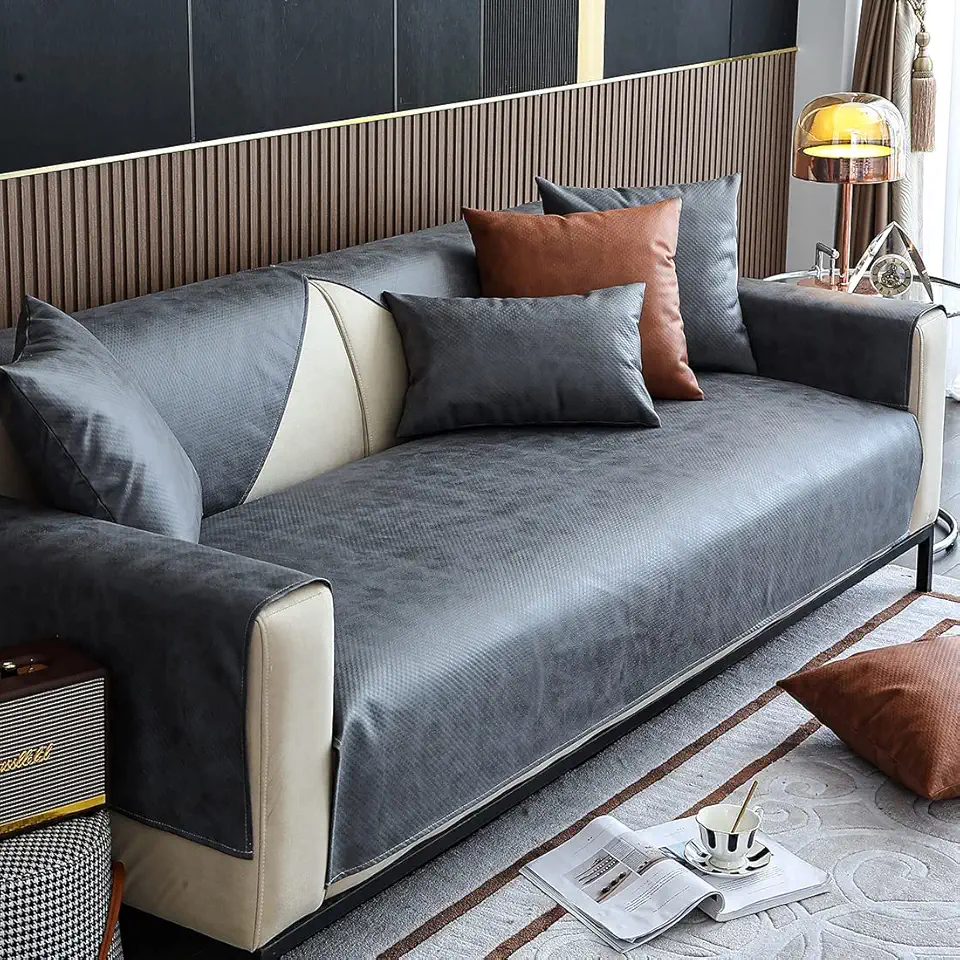 Capa de sofá de couro sintético à prova d'água vintage PU capa de sofá secional antiderrapante capa de sofá protetor de móveis para crianças cães gatos (cinza, 71 x 119 cm)