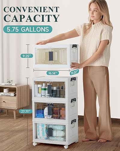 Miniatura 5 de OlarHike Contenedores de almacenamiento apilables de 23 cuartos de galón con tapas, caja de almacenamiento plegable con puertas y ruedas,
