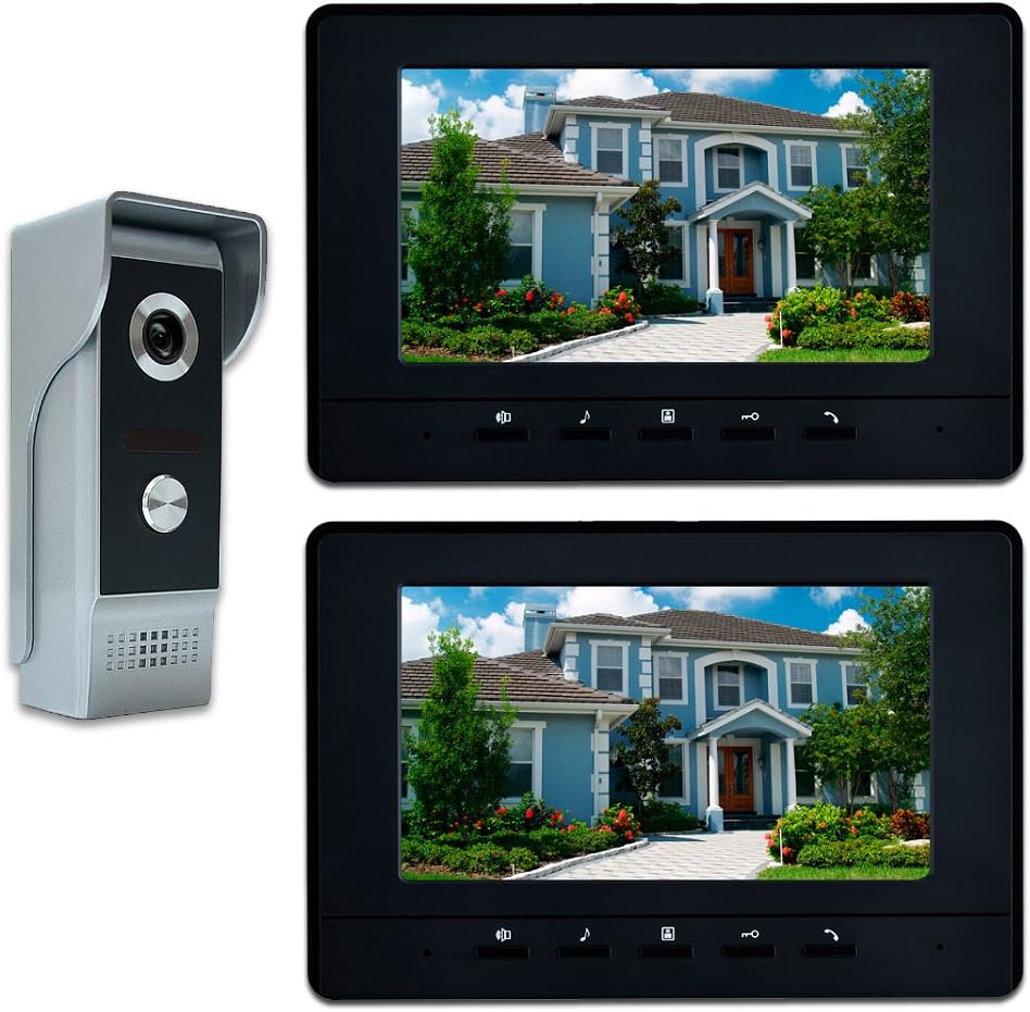 AMOCAM Video Intercom System, 7 Inches Video Doorbell Door Phone System, Wired Video Door Phone HD Camera Kits Dual-Way Intercom for Villa House Office Apartment 1-IR Camera 2-LCD Color Monitor