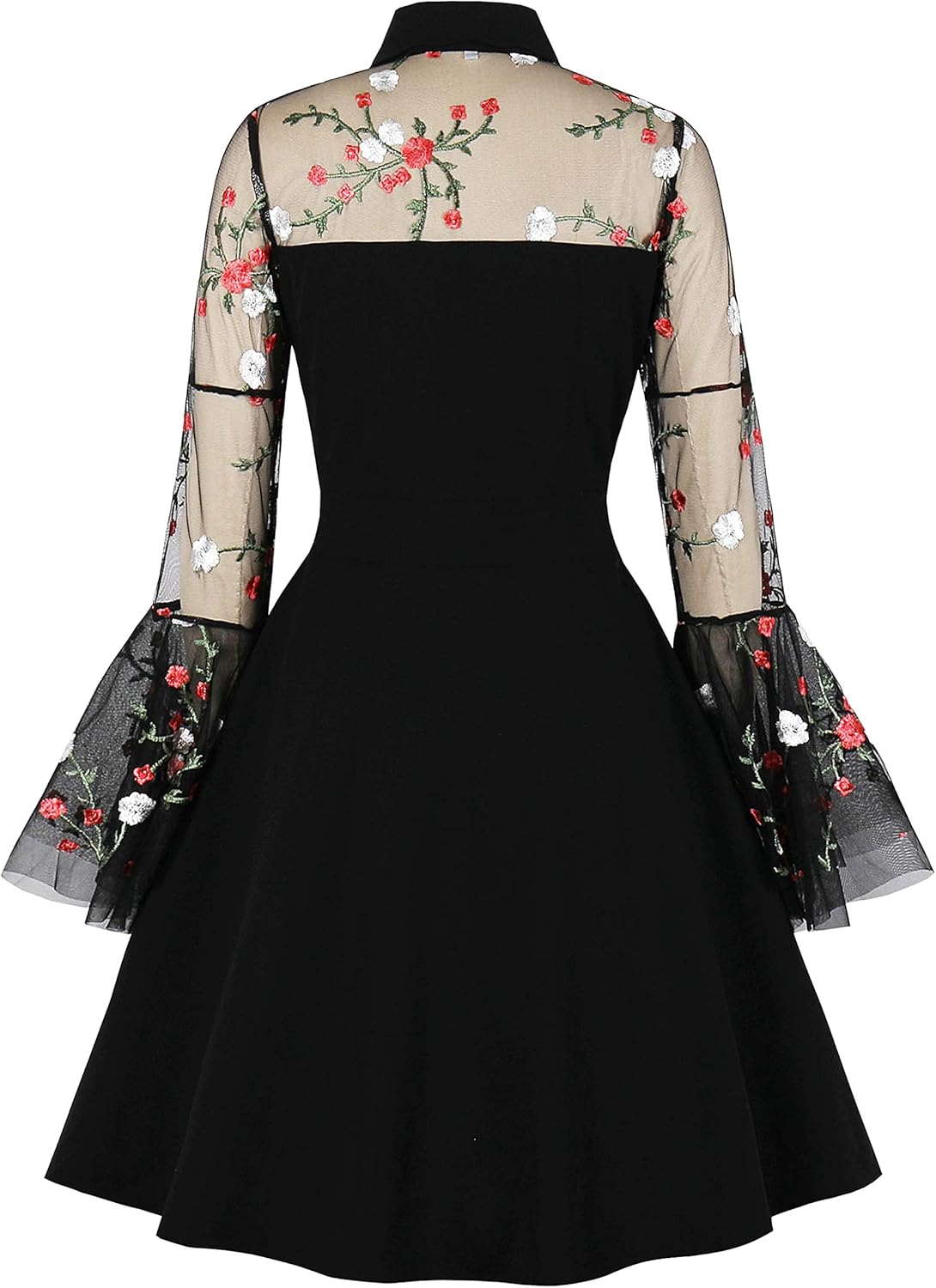 Wellwits Women's Embroidery Mesh Bell Sleeve Gothic Dress - Image 2