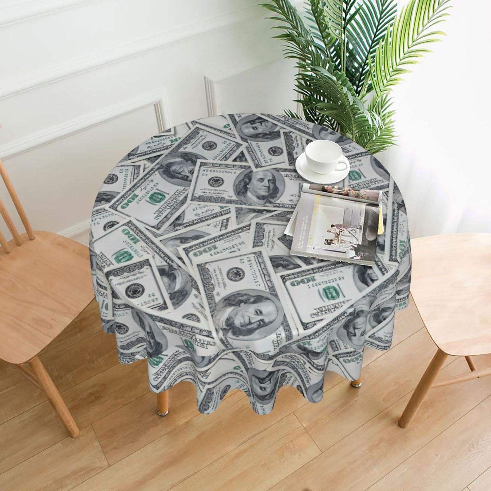 DEXNEL Funny Dollar Money Print 60'' Round Tablecloth Retro Polyester Washable Cover for 4-6 Seat Dining Table Boho Decor