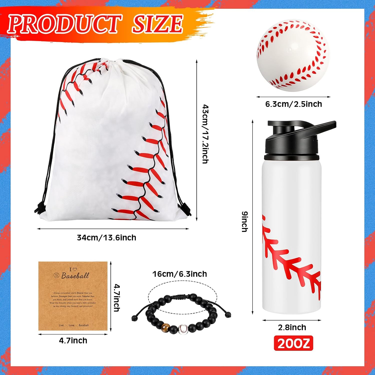 Baderke 5 Pcs Baseball Gifts Set Include 50 x 60 Soft Throw Blanket 20 oz Water Bottles White Baseball Drawstring Bag Gifts Bracelet for Boy Men Party Favors