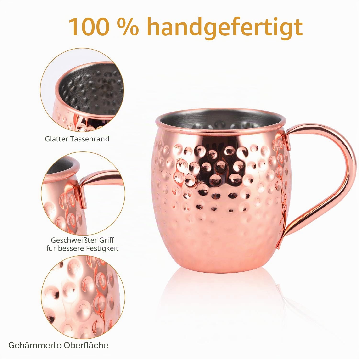 Moscow Mule Becher 4er Set, Handgefertigt Kupferbecher, 550ml Cocktail Set mit: 4 Hochwertige Kupferne Gläsern, 4 Cocktailstrohhalme und 1 Jigger