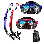 DIPUKI Snorkeling Gear for Adults Snorkel mask Set Scuba Diving mask Dry Snorkel Swimming Glasses Swim Dive mask Nose Cover Youth Diving (Red+Blue2 Pack)