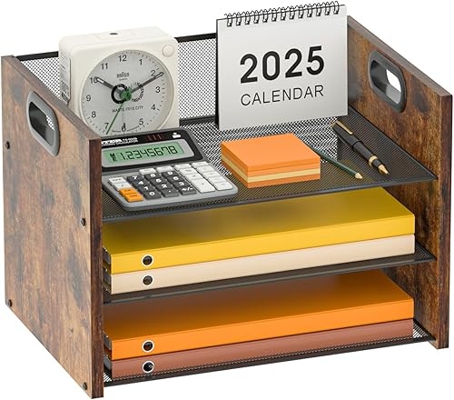 LMZAPET Organizador de escritorio de madera de 3 niveles con asa, organizador de papel de malla, bandeja de cartas, organizador de archivos de