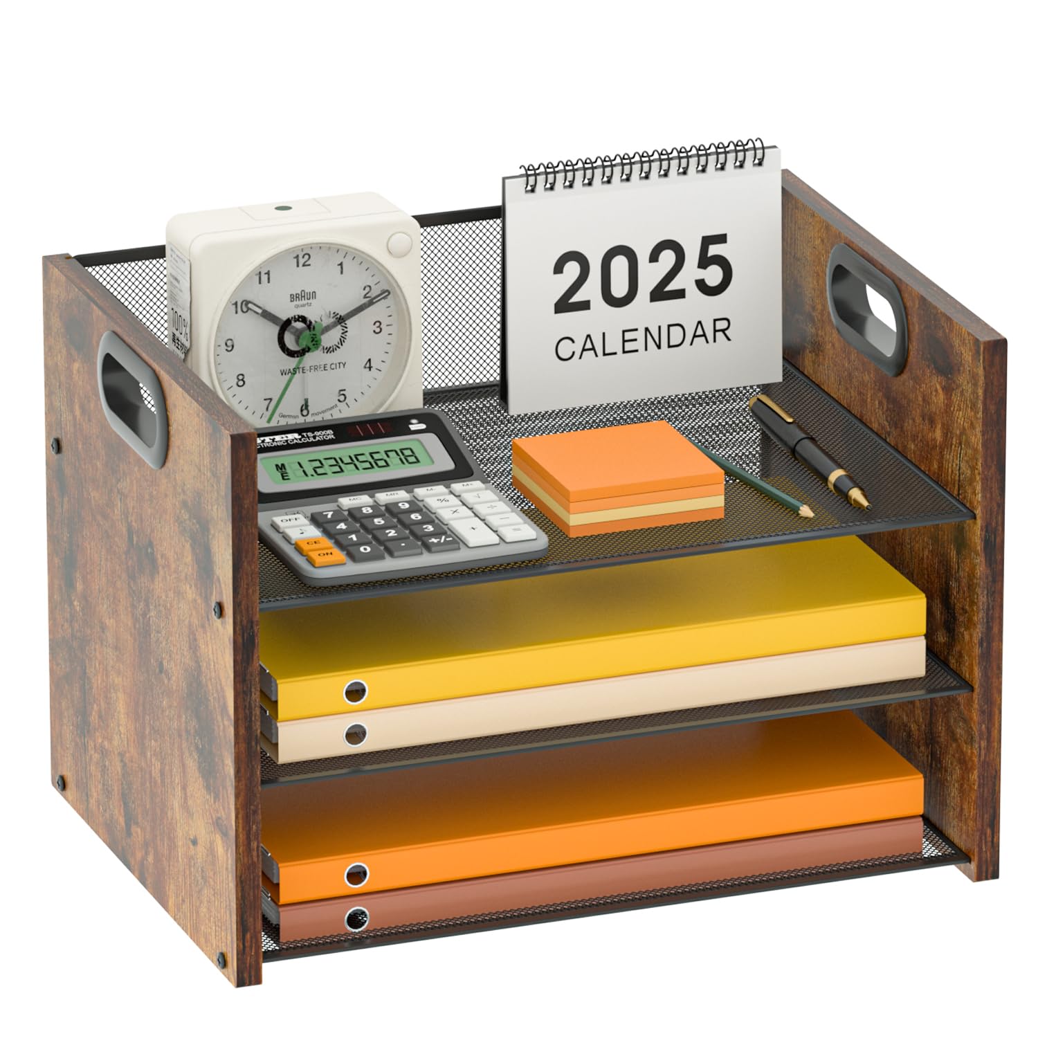 LMZAPET 3 Tier Wood Desk Organizer - Paper File Holder With Handle For Home Office