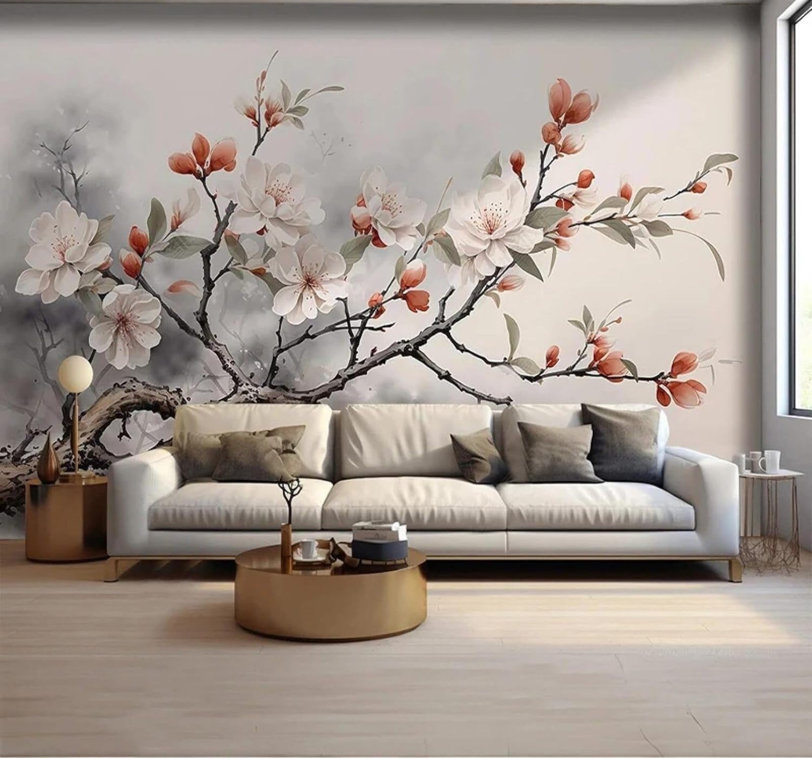 XLMING Creative Hand Drawn Plants Pink Peach Blossoms 3D Wallpaper Luxury Silk Study Dining Feature Sofa Grey Bedroom Living Room Tv Decorative Wall-430cm×300cm