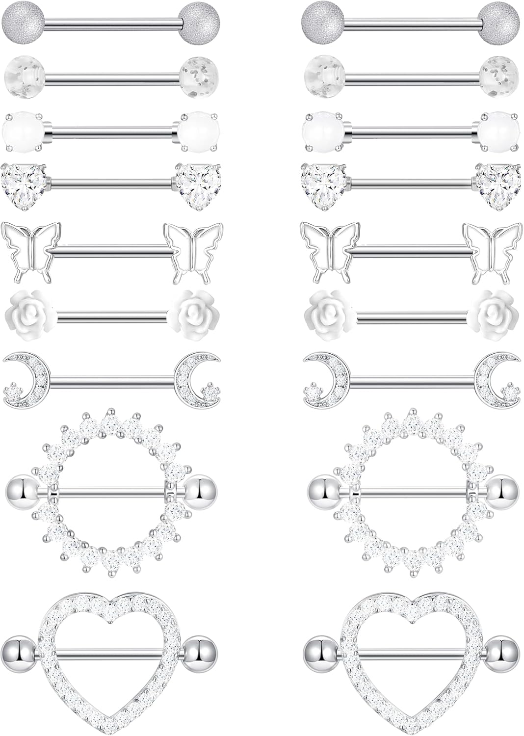 9 Pairs 14G Stainless Steel Nipple Rings Tongue Ring Straight Nipple Barbells Cute Butterfly Rose Opal Moon Heart CZ Body Piercing Jewelry for Women Pink Silver Tone