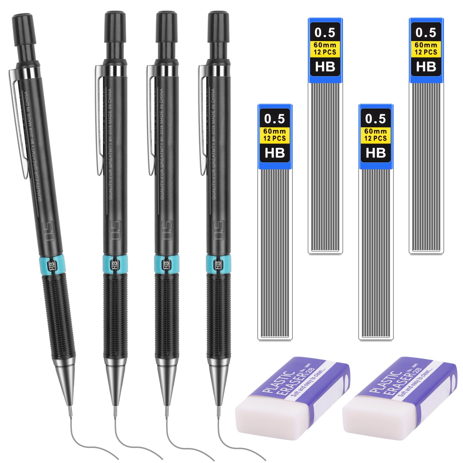Tikplus Druckbleistift, Bleistiftmine HB Mienenbleistift und 2 Stück Radiergummi, Mechanical Pencil für Skizzieren Zeichnen Schreiben und Hausaufgaben