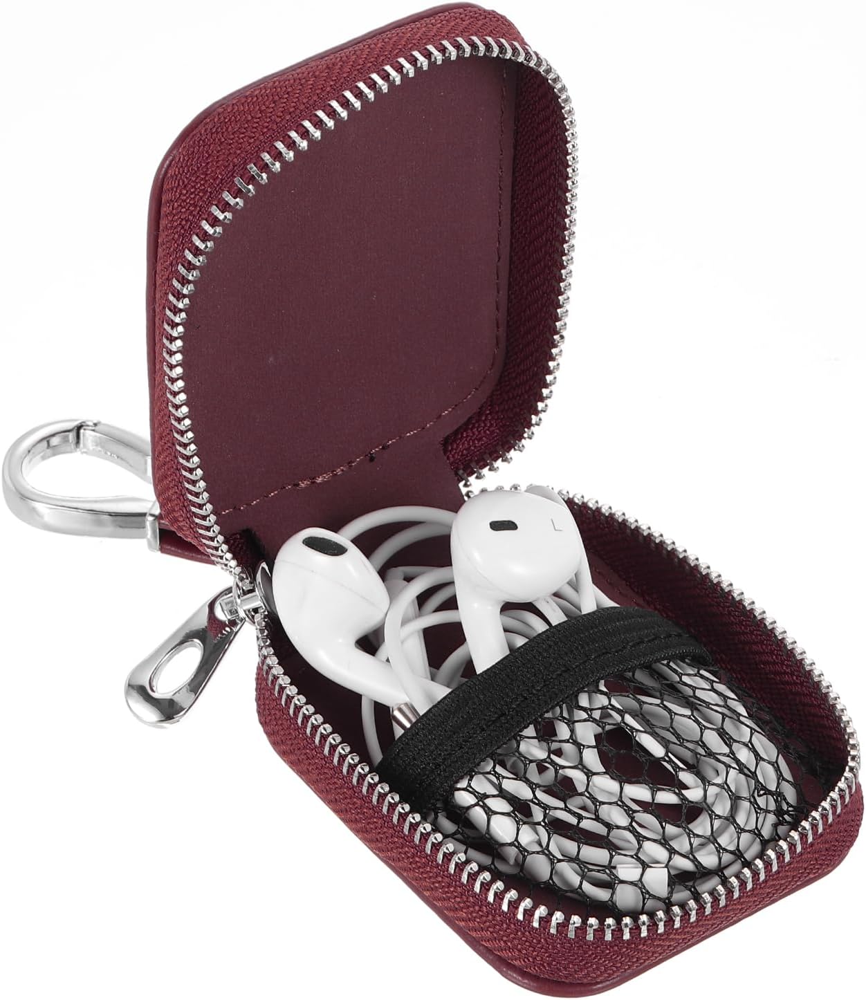 HARFINGTON Earbuds Cases, Earphone Case Holder, PU Leather Ear Buds Case Zipper Organizer Small with Mesh Pocket for USB Cable, Wireless Wired Earphones, Burgundy - Image 3