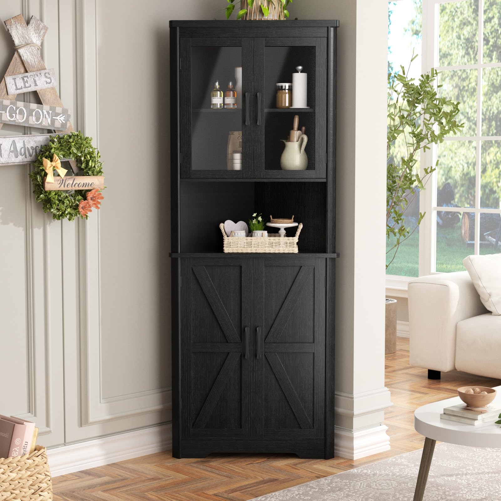 Corner Storage Cabinet Tall Freestanding Corner Cabinet With Adjustable  Shelves, MDF , Black Bathroom Storage Cabinet, image size:1600x1600