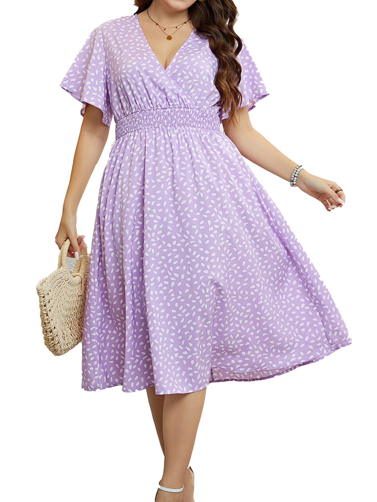 LIAMERHE Vestido Manga Corta Mujer Talla Grande Casual Verano Vestidos Cuello en V Elegante Vestido Largo hasta la Rodilla