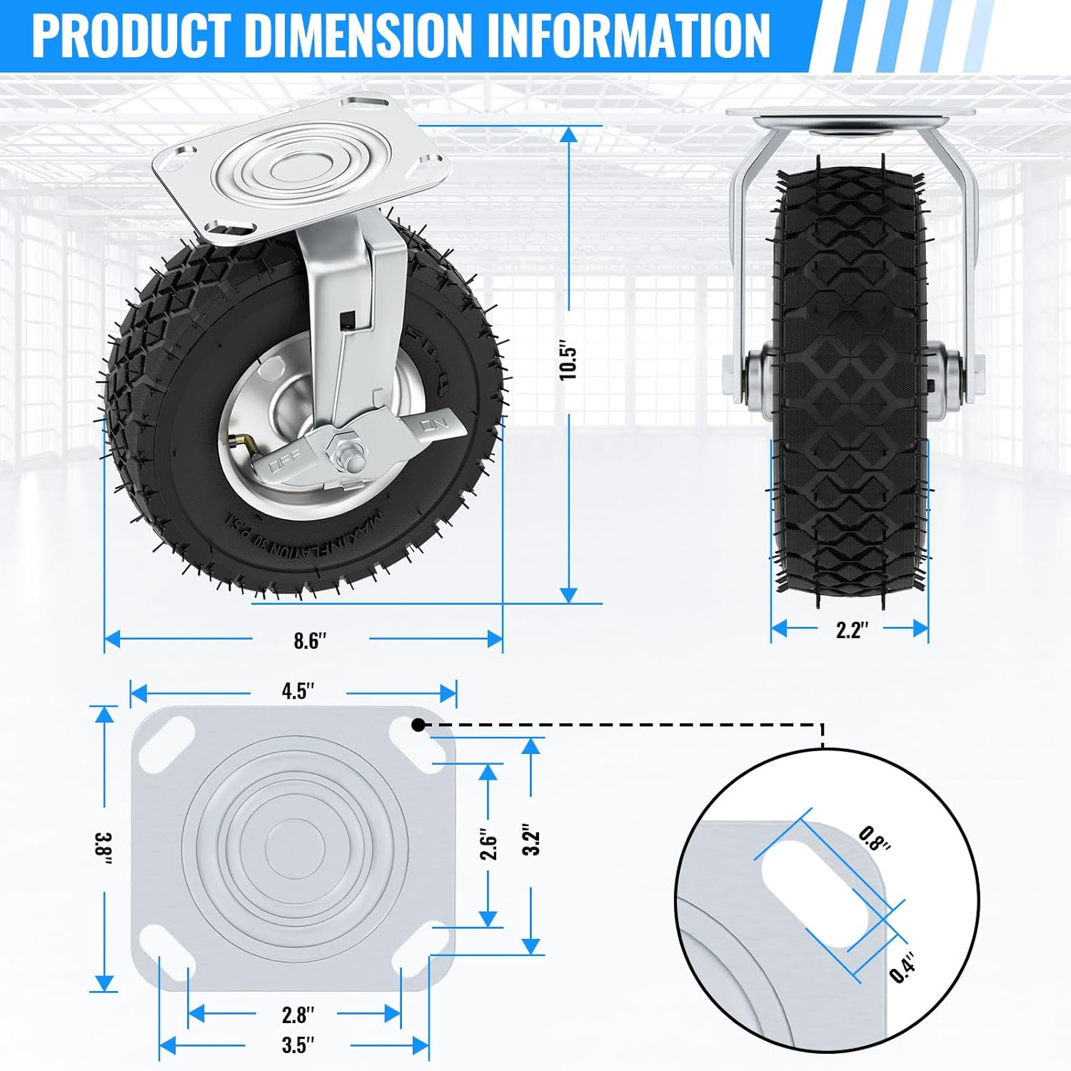 8 inch casters wheels, heavy duty casters set of 4 load 880lbs with brake, locking swivel plate caster, industrial castor wheels for workbench, cart, trolley, wagon and shelves 8 inch (with brake)