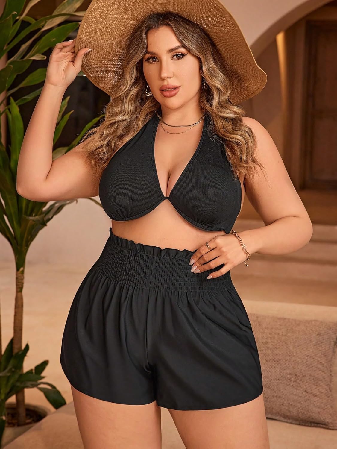 MakeMeChic Women's Plus Size Beach Cover Ups Ruffle Elastic High Waisted Wide Leg Shorts