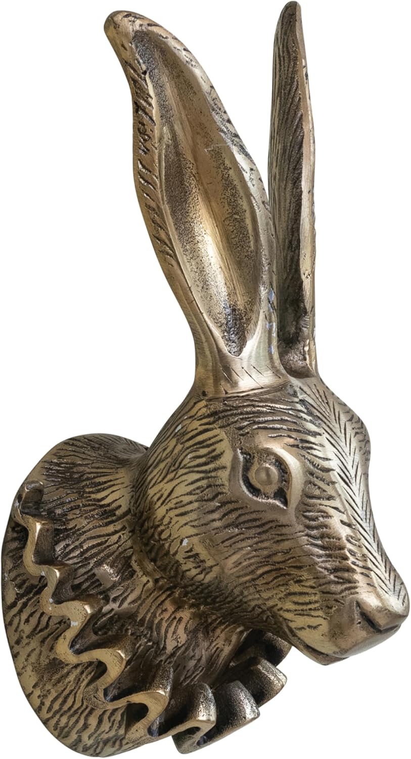 Creative Co-Op Cast Aluminum Rabbit Head with Ruff Collar Wall Décor, Antique Brass Finish