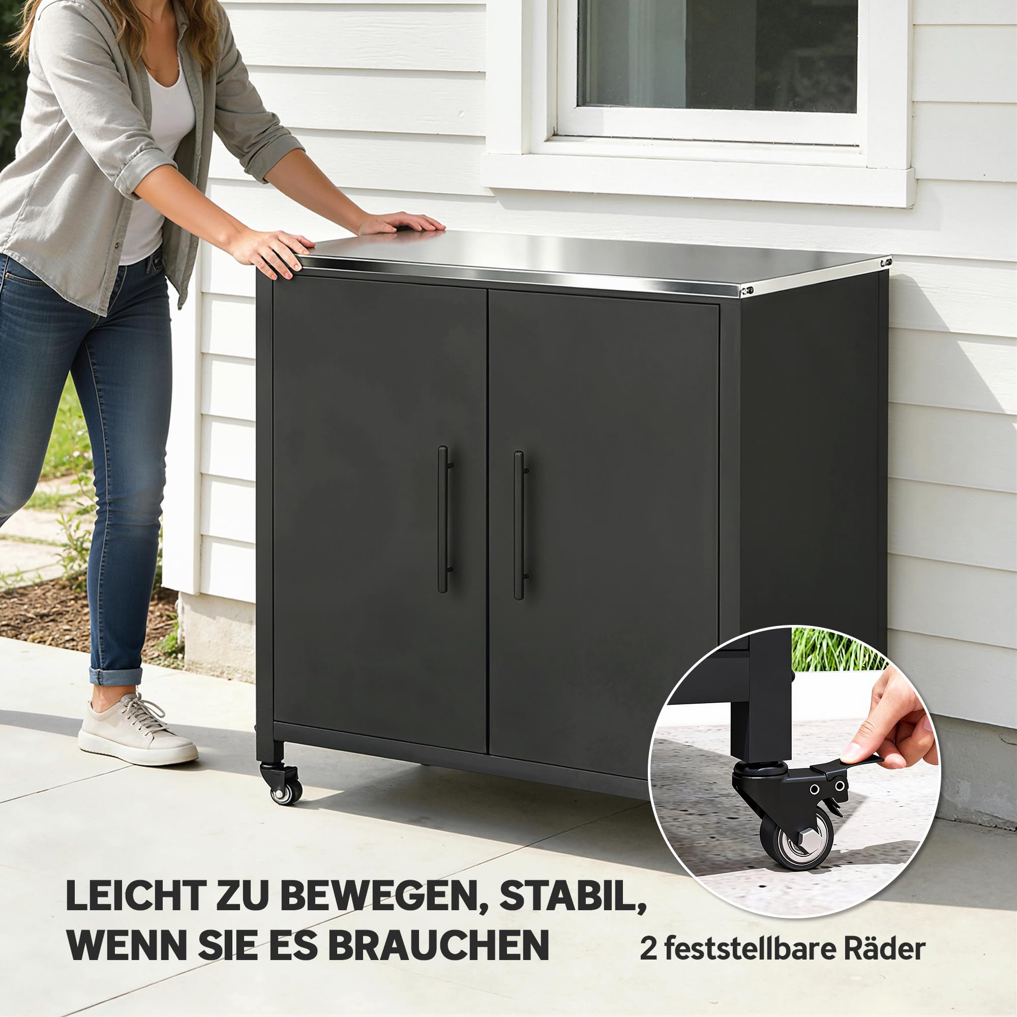Outsunny Gartenschrank mit Pflanztisch abnehmbar Regal 80x50x90cm | Geräteschrank, Edelstahl Geräteschuppen, Arbeitsplatte, Magnetisch, Doppeltür, Rolle, Werkzeugschrank, Gartenschuppen