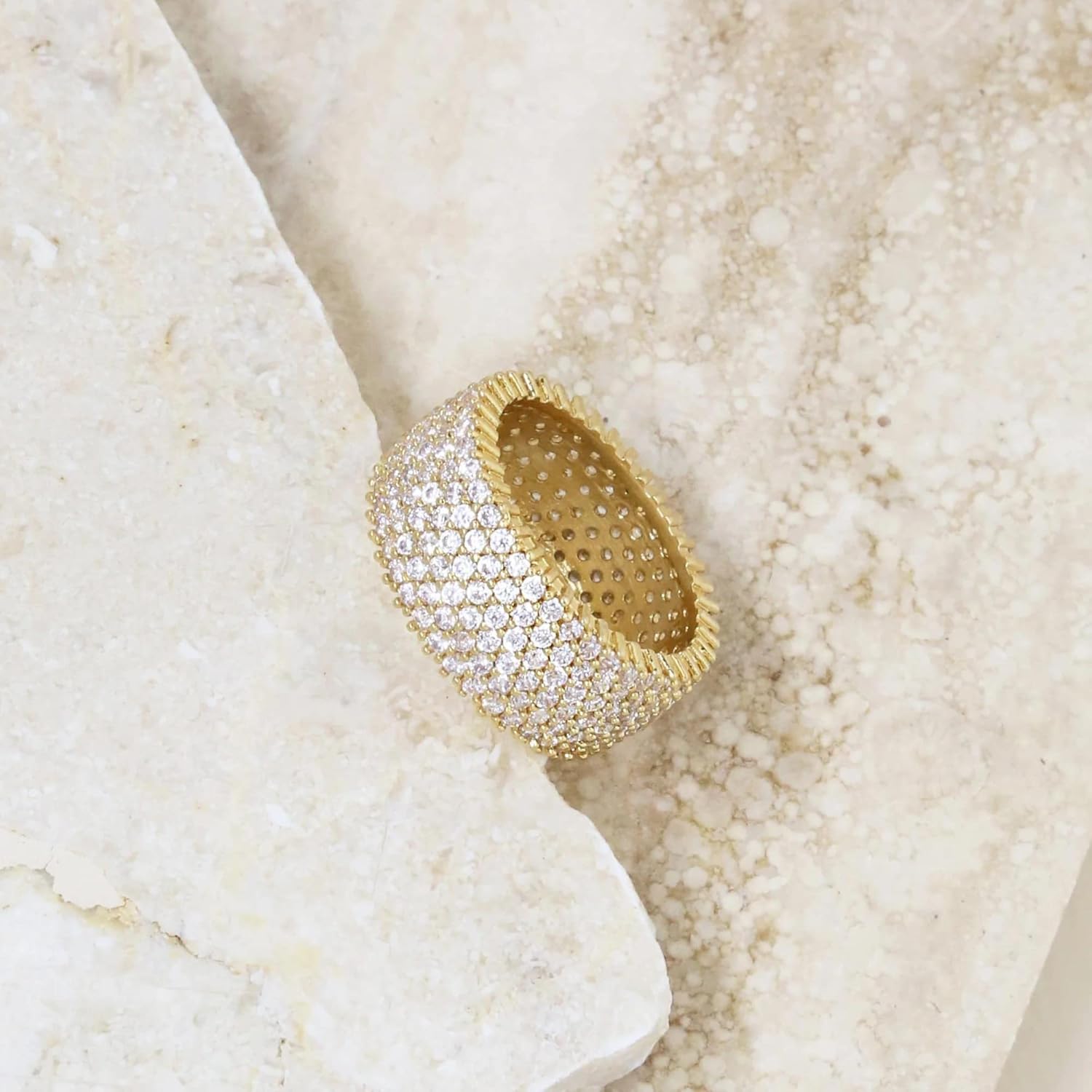 Ettika Thick Crystal Cluster Band, Gold Ring. 18k Gold Plated Rings for Women. Jewelry, Chunky Statement Bands. Size 6