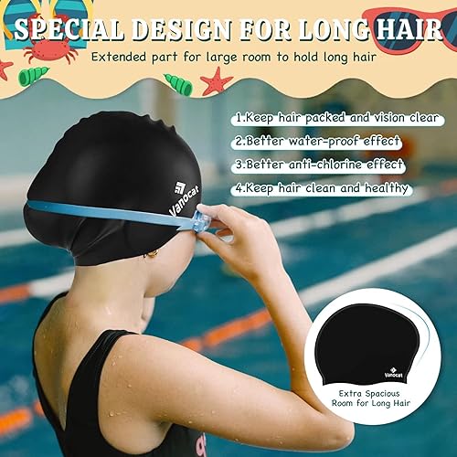 Miniatura 5 de Paquete de 2 gorros de natación para niños para cabello largocorto, gorro de natación unisex de silicona para niños de 3 a 15 años, gorro de ducha