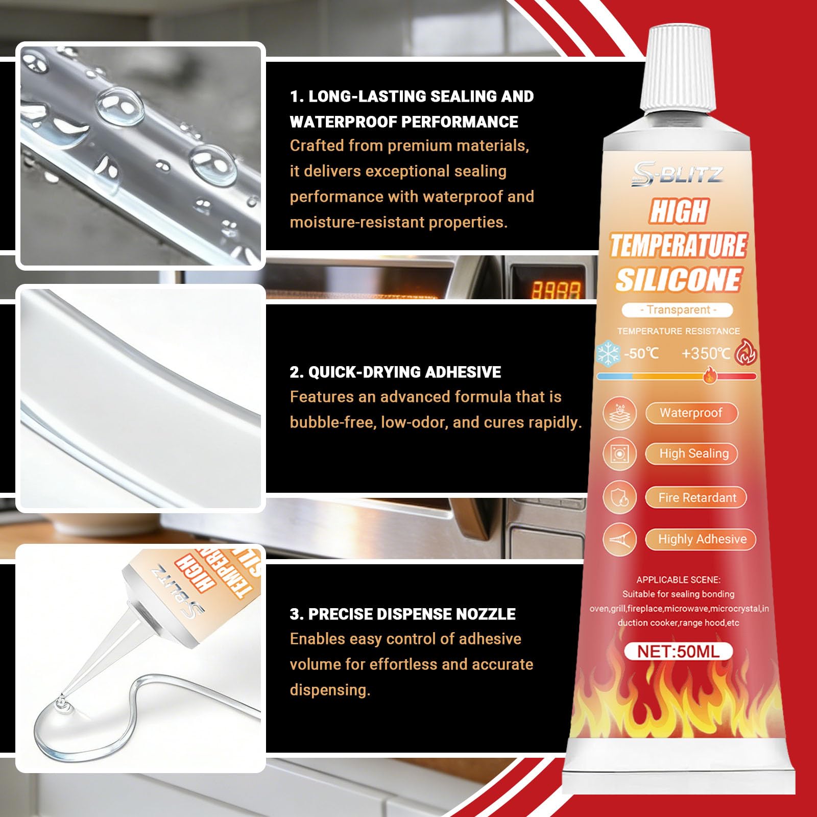 Colla ad alta temperatura, colla trasparente ad alta temperatura, colla per forno, colla resistente al calore, impermeabile, ideale per forni a induzione, forno a microonde, 100 ml