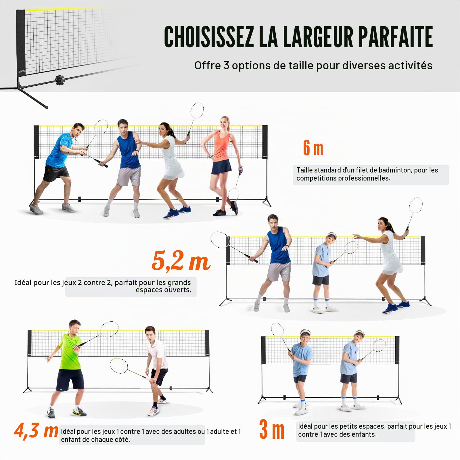 VEVOR Filet de badminton, 6,06 m, filet pliable de volley-ball réglable en hauteur, filet de tennis portable avec poteaux, support et sac de transport, pour les jeux intérieur et extérieur de l'enfant