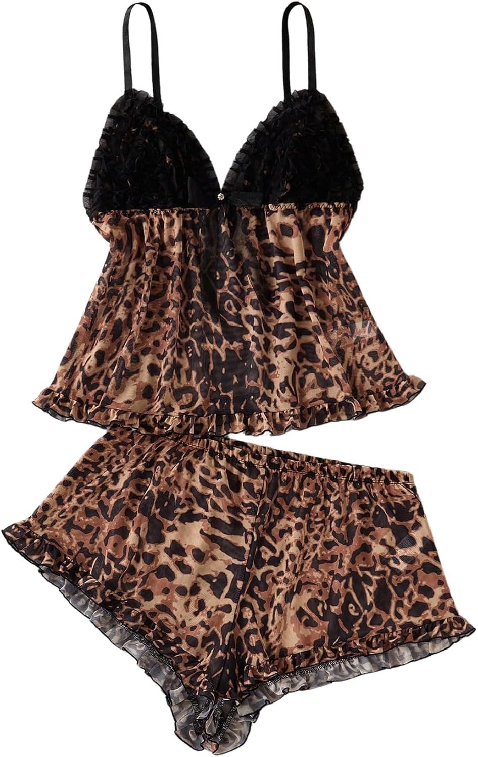 GORGLITTER Women's Plus Size Sexy Leopard Cheetah Print Pajama Set Lace Mesh Cami Top Shorts Sleep Sets
