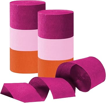 Tim&Lin Rose Red Pink and Orange Crepe Paper Streamers, Party Streamer Decorations for Various Party Festival Decorations, 6 Rolls