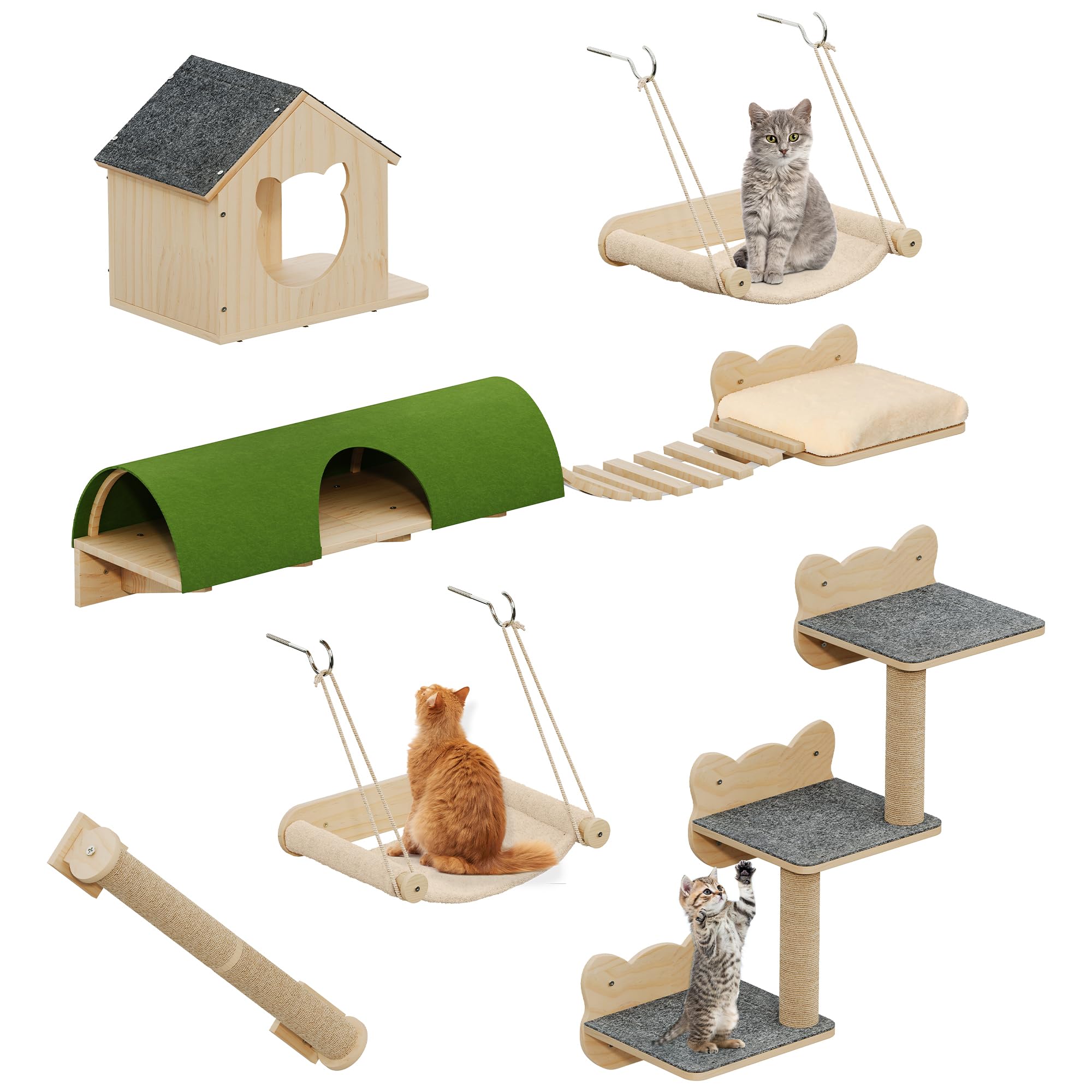 YITAHOME Set da parete per gatti in legno robusto, 7 ripiani con casa, ponte sospeso, scale, amaca e tiragraffi per dormire, giocare e riposare