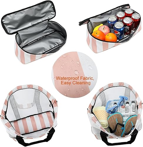 Vista 9 de Bluboon Bolsa de playa de malla con enfriador aislante, bolsas de piscina desmontables para mujer