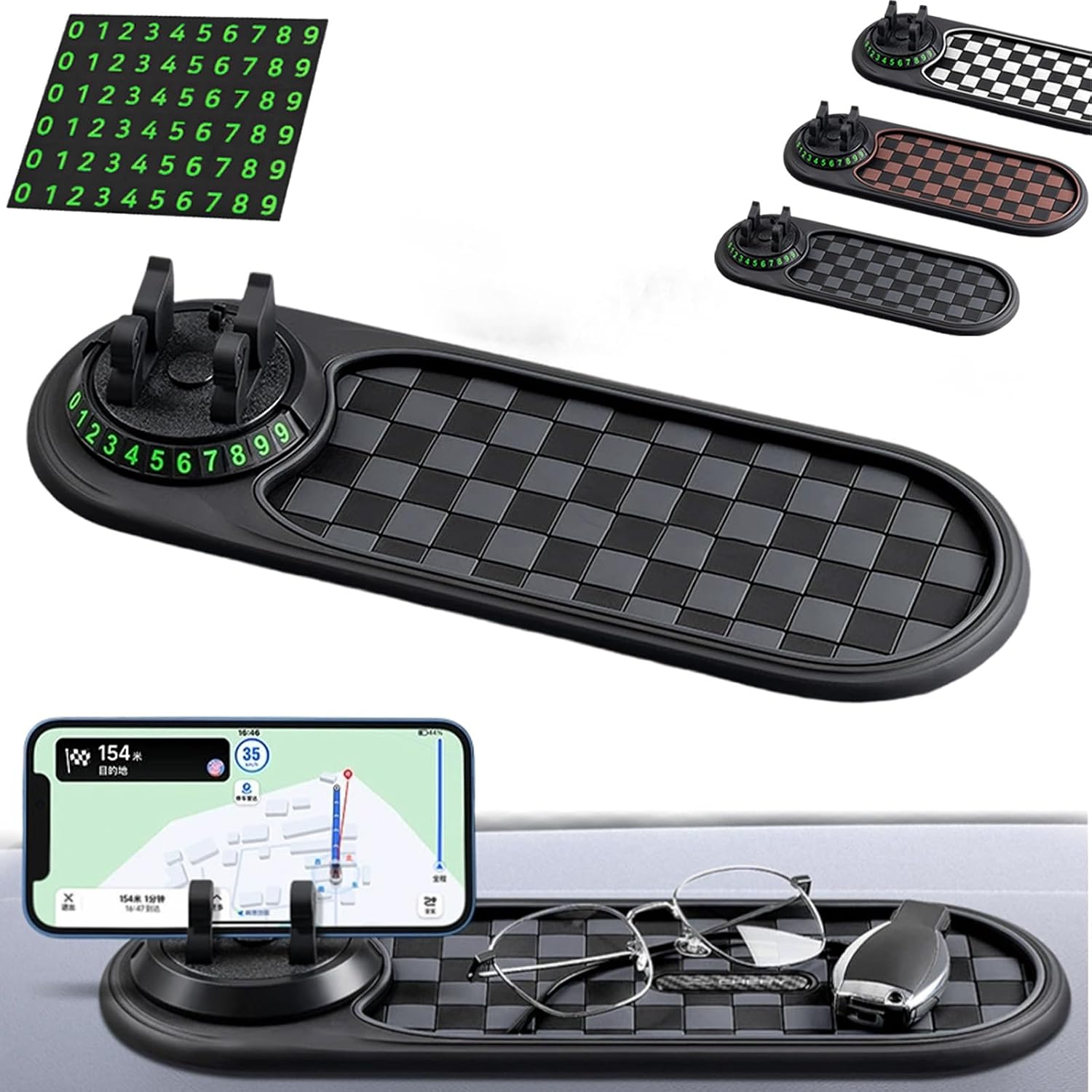 Multi-Functional Support Anti-Slip Pad, 360° Rotatable Multifunction Car Anti Slip Mat Phone Holder, Anti Slip Car Dash Grip Pad with Temporary Parking Number, Anti Skid Organizer Mat for Car (C)